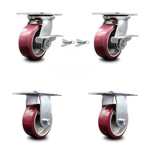 5 Inch Poly on Aluminum Caster Brakes/Swivel Locks and 2 Rigid SCC, 2PK